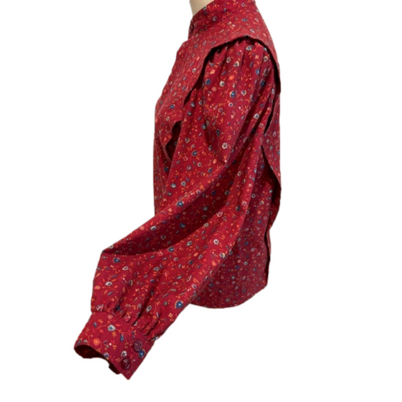 70s PRAIRIE RED FLORAL COTTAGECORE BLOUSE BISHOP SLEEVES & BOX PLEATS HANDMADE - Picture 5 of 11